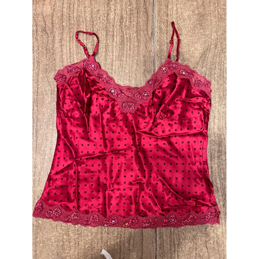Vintage Y2K Ninety Red Polka Dot Silk Camisole W Lace And Sequins Size Med NWT